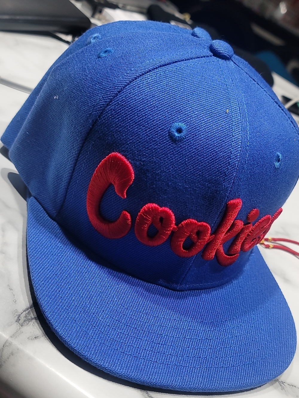 Goorin Bros Blue Snapback Hat with Red 'Cookie' Embroidery